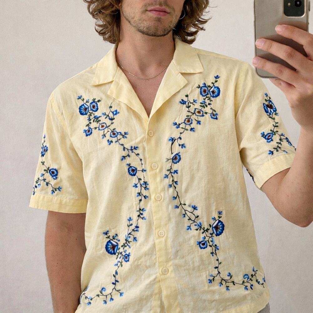 BDG Yellow Embroidered Floral Button-Up Shirt XS NWT